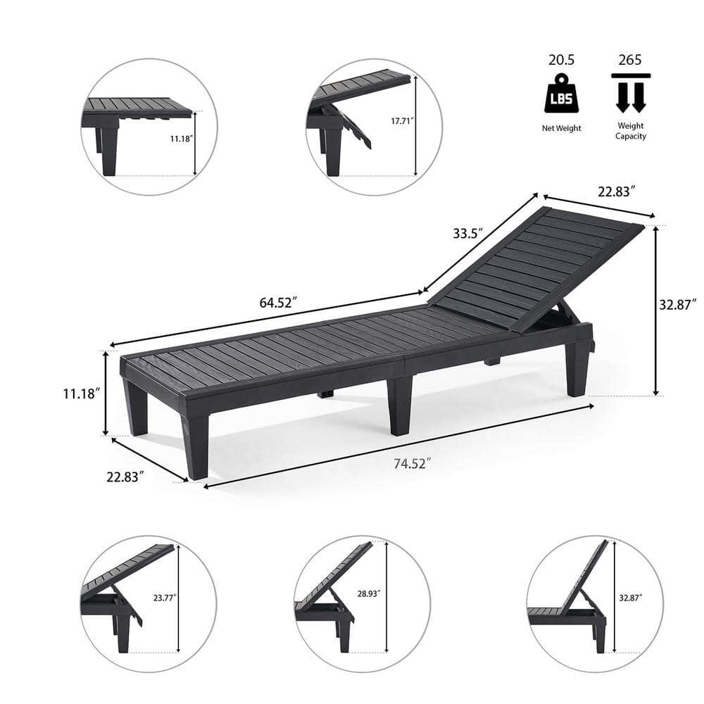 Nestl Waterproof Chaise Lounge Chair - Set of 4 Adjustable Lightweight Black Outdoor Patio Chairs