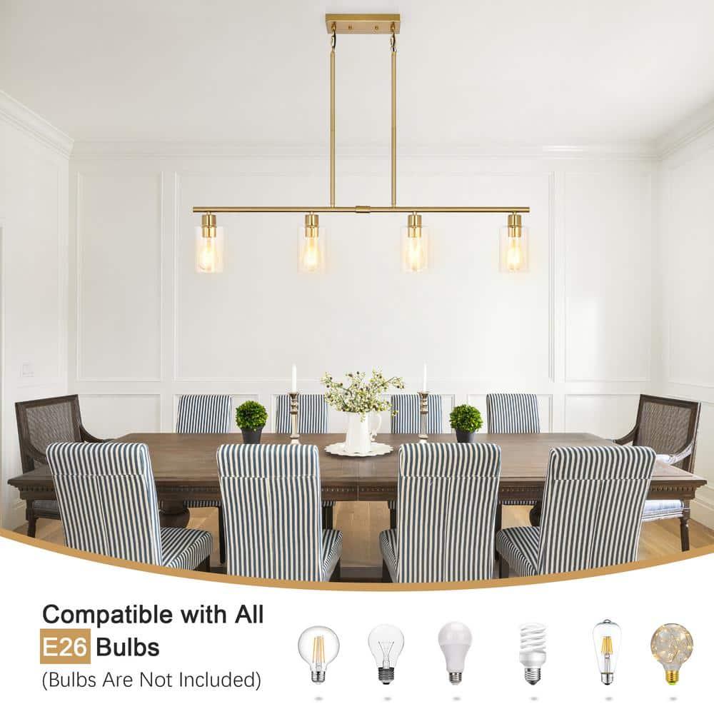 Modern Gold Kitchen Island Chandelier 4-Light Brushed Brass Farmhouse Pendant Light Industrial Kitchen Island Lighting Fixture with Glass Shades Hanging Lamp for Dining Living Room