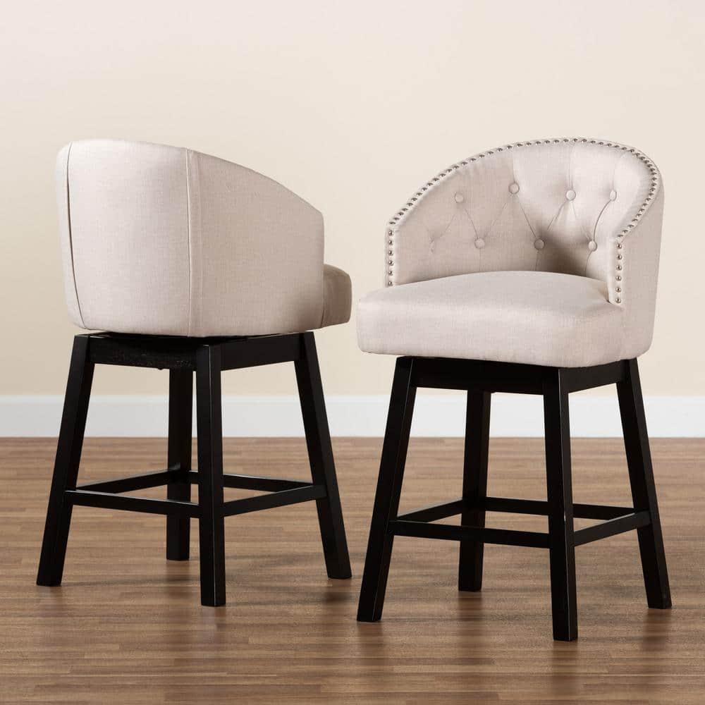 2pc Theron Fabric and Wood Swivel Counter Height Barstools Set Beige/Espresso Brown - Baxton Studio: Upholstered, Rubberwood Frame, Fixed Height