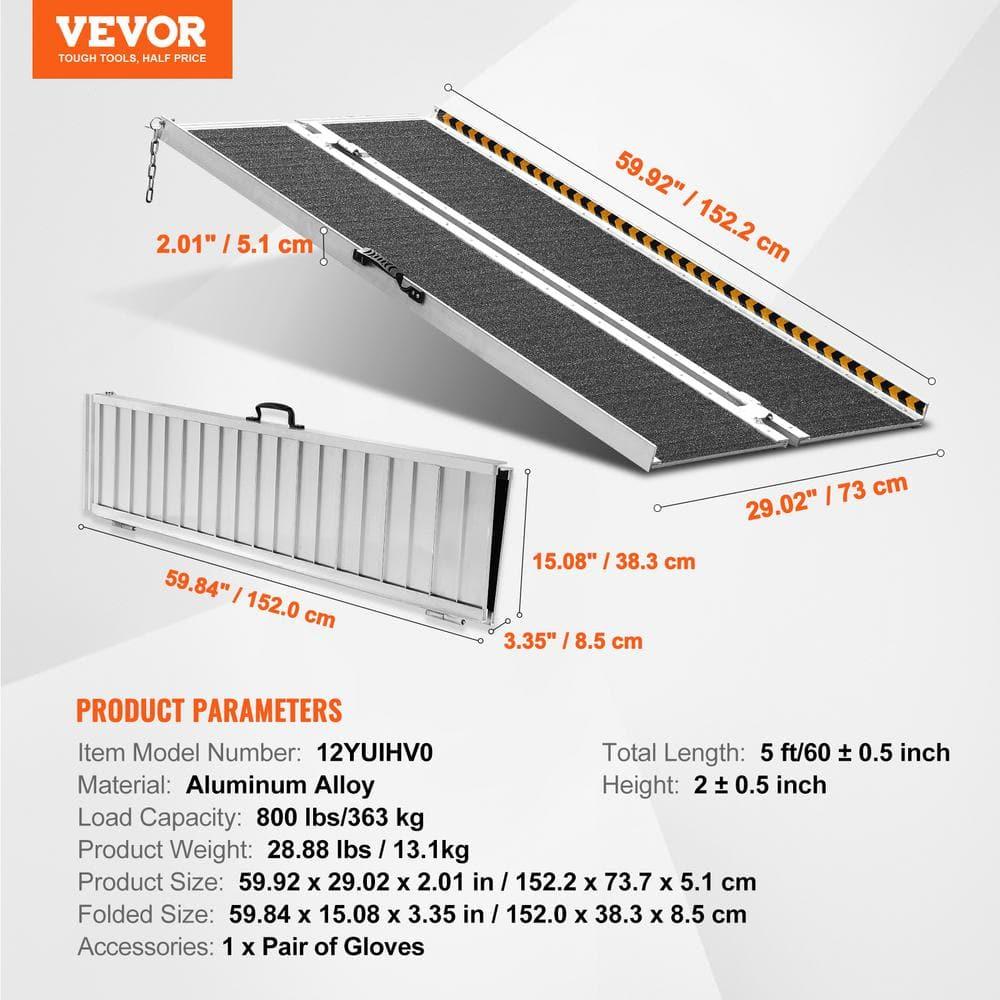 Portable Wheelchair Ramp, 5 ft 800 lbs Capacity, Non-Slip Aluminum Folding Threshold Ramp, Foldable Mobility Scooter Ramp Wheel Chair Ramp, Handicap Ramp for Home Steps, Stairs, Doorways, Curbs