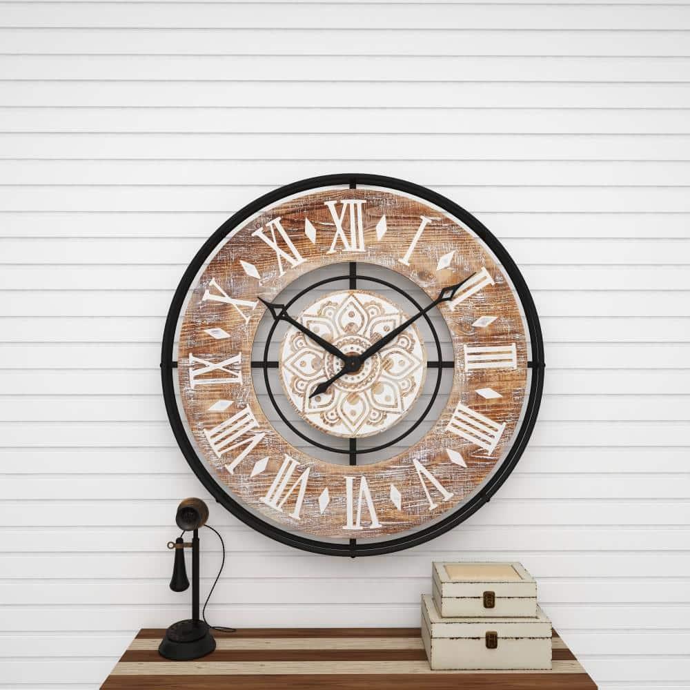 DecMode 34" Brown Metal Floral Wall Clock with Wood Accents