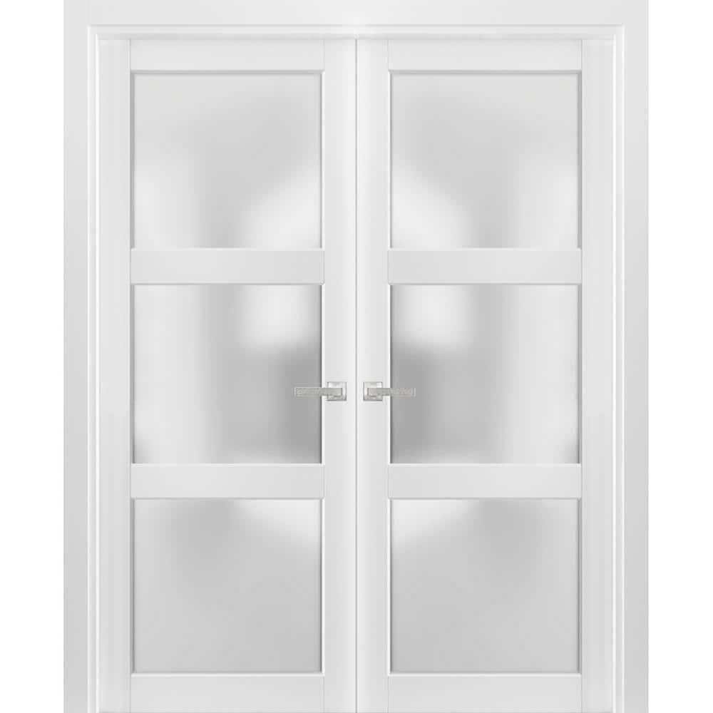 French Double Panel Lite Doors with Hardware | Lucia 2552 White Silk with Opaque Glass | Panel Frame Trims | Bathroom Bedroom Interior Sturdy Door