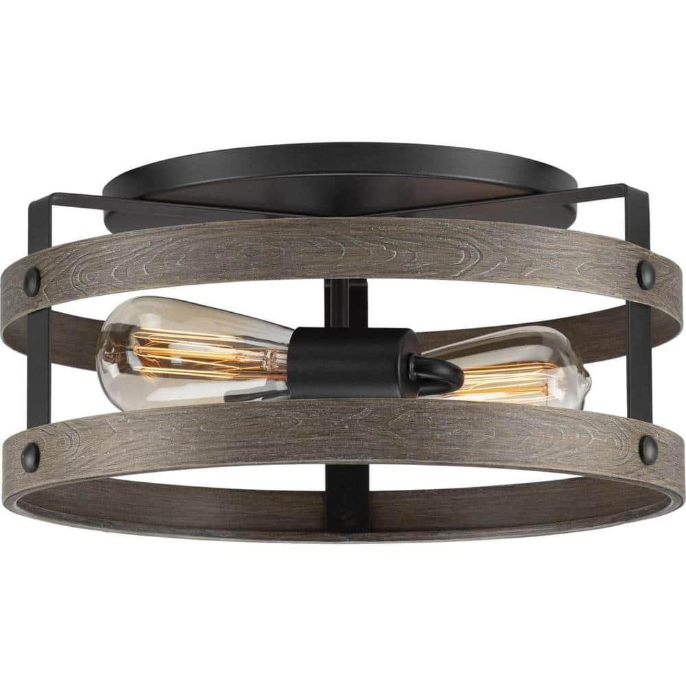 Progress Lighting Gulliver 2-Light Flush Mount Ceiling Light, Graphite, Open-Cage Design, Faux-Wood Finish