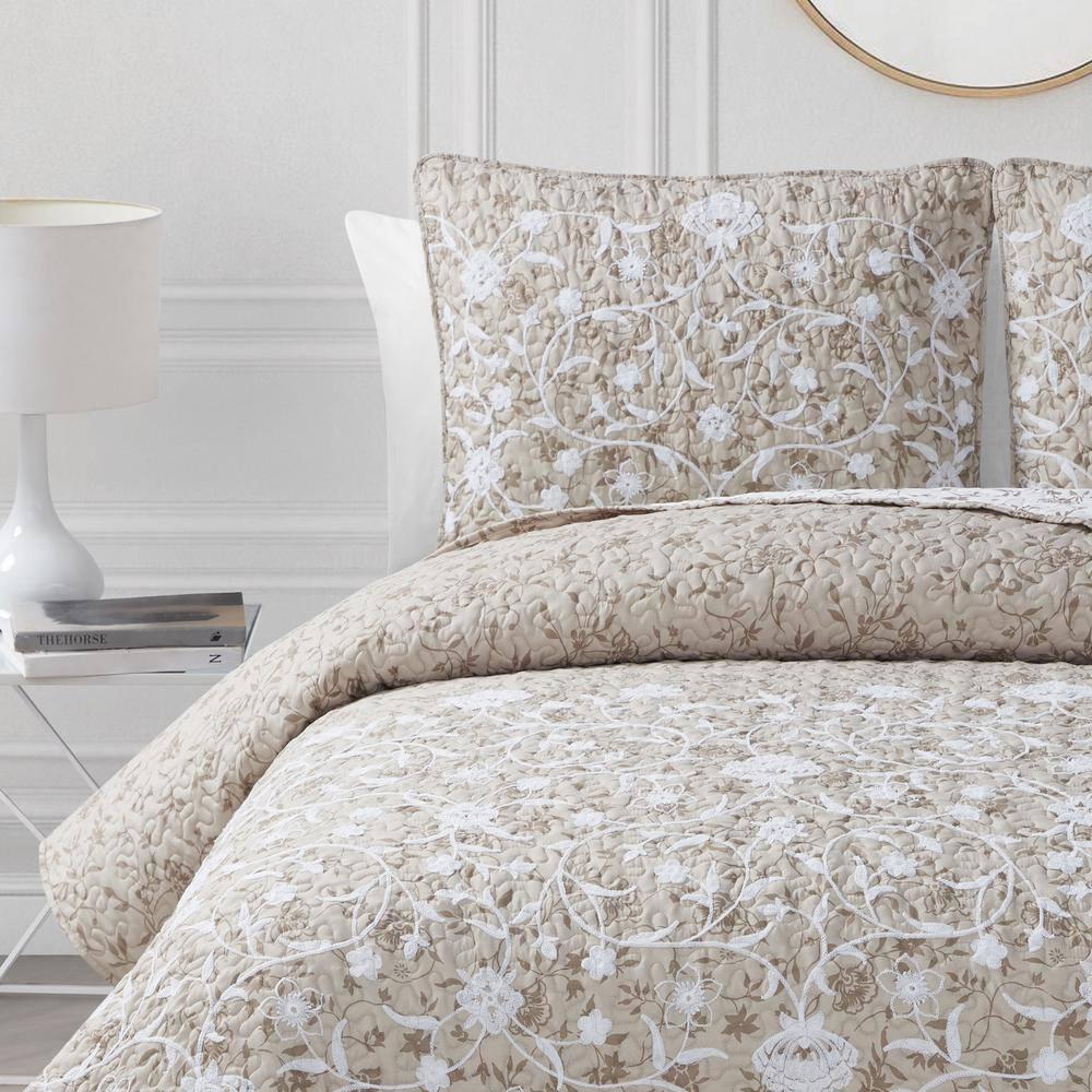CEDAR COURT Kendall Vine Leaf Embroidery Taupe Neutral All-Season Reversible Soft Microfiber Quilt Set