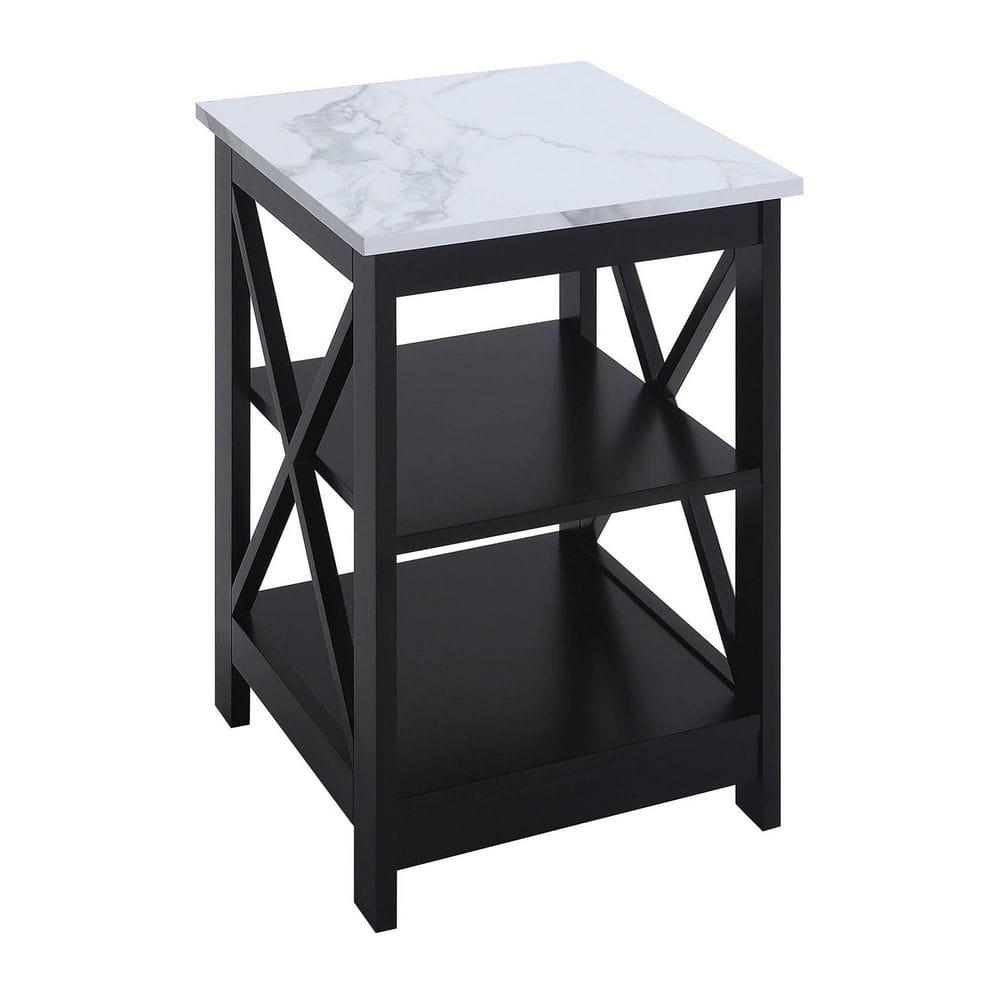 Convenience Concepts Oxford End Table with Shelves, White Faux Marble/Black