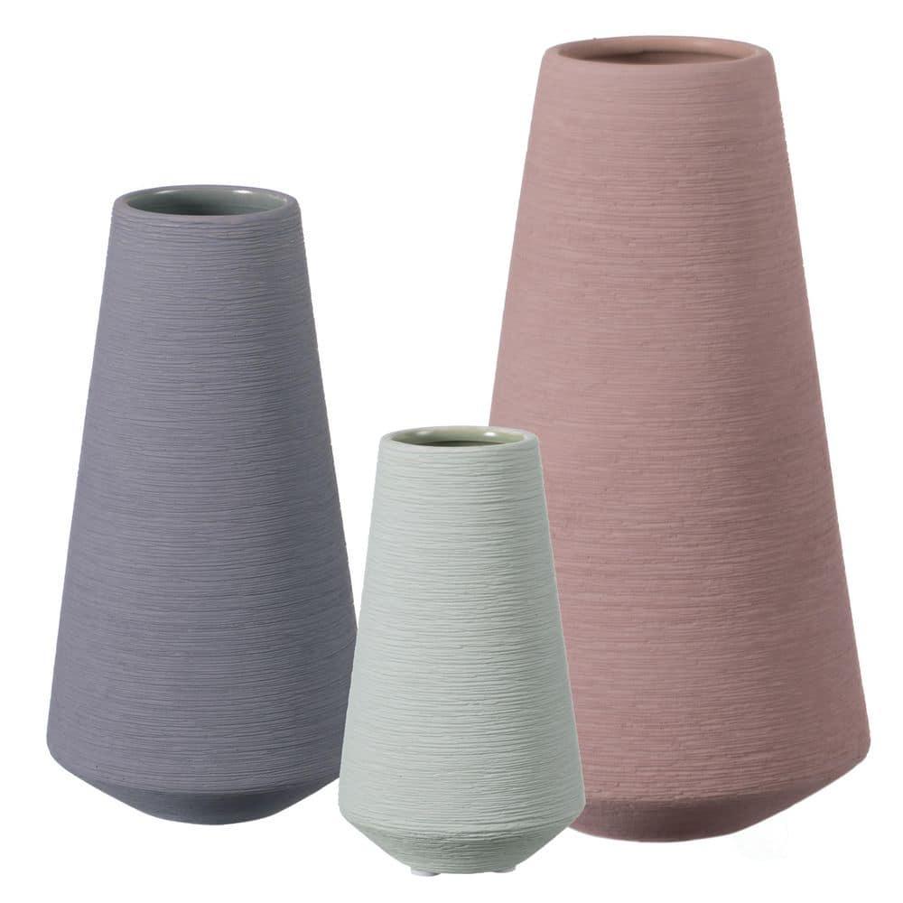 Uniquewise Decorative Ceramic Round Cone Shape Centerpiece Table Vase Set of 3, Pink Large, Gray Medium, and Green Small