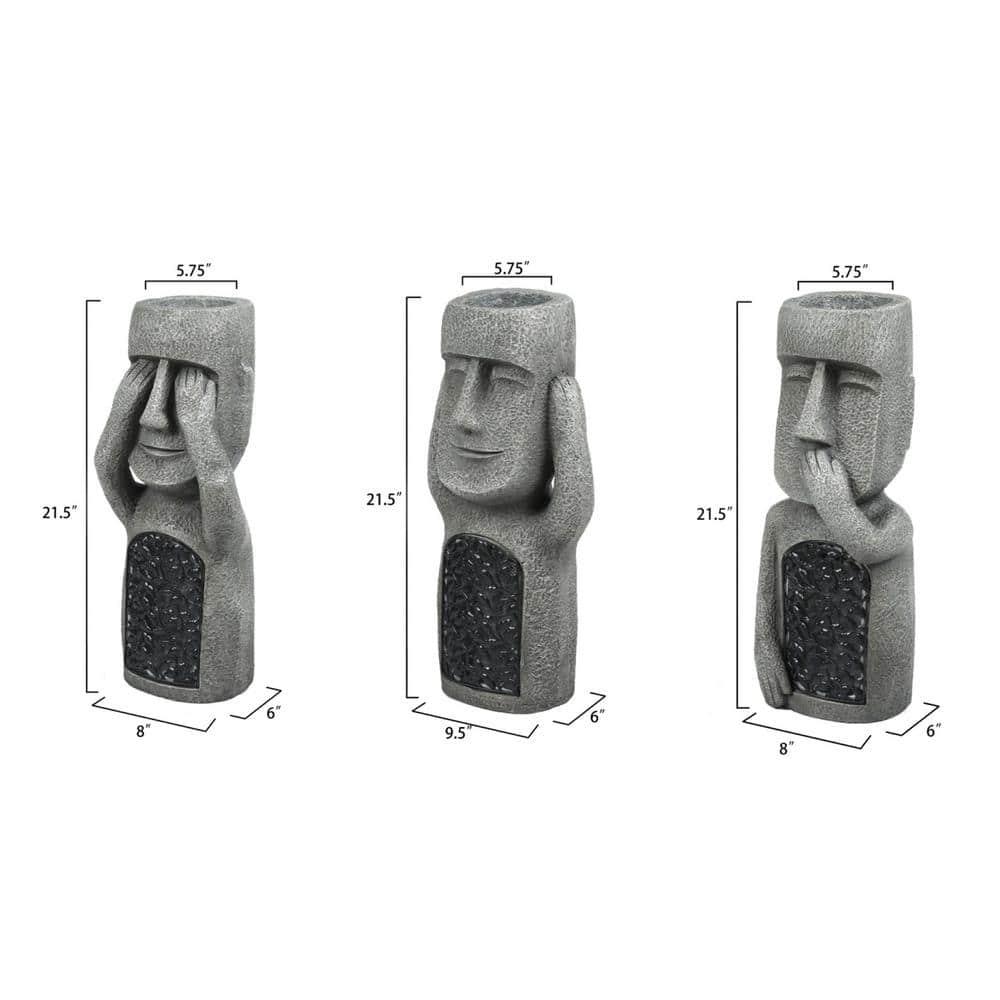 LuxenHome Gray MgO Set of 3 Garden Easter Island Solar Statues