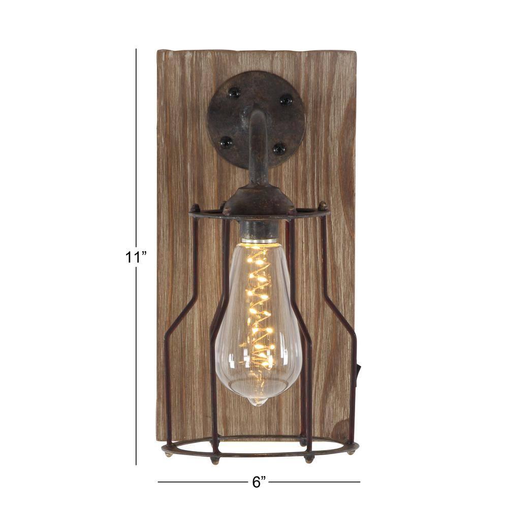 DecMode Industrial Metal Wall Sconce with Wood Backplate and Iron Cage, 6"W x 11"H Features Rustic Brown Finish