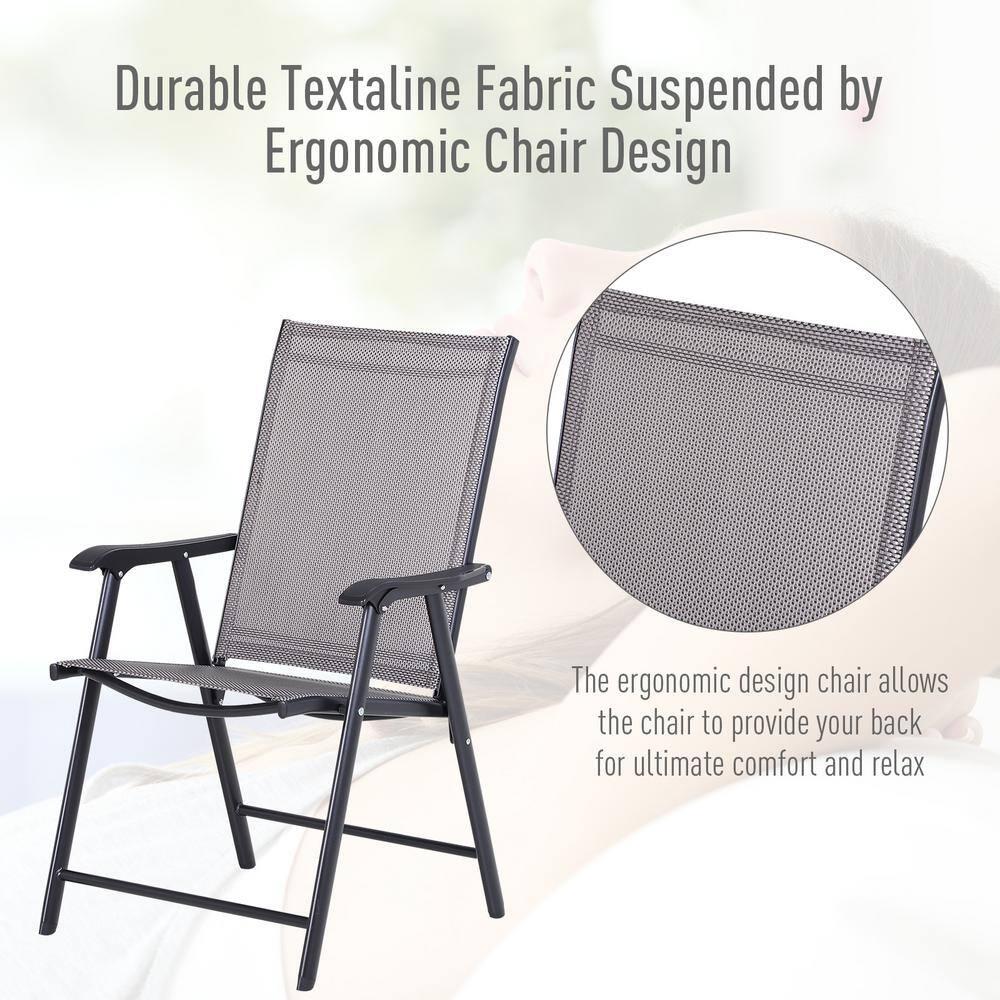 Outsunny Set of 2 Patio Folding Chairs, Stackable Outdoor Sling Chairs with Armrests for Lawn, Camping, Dining, Beach, Metal Frame, Gray