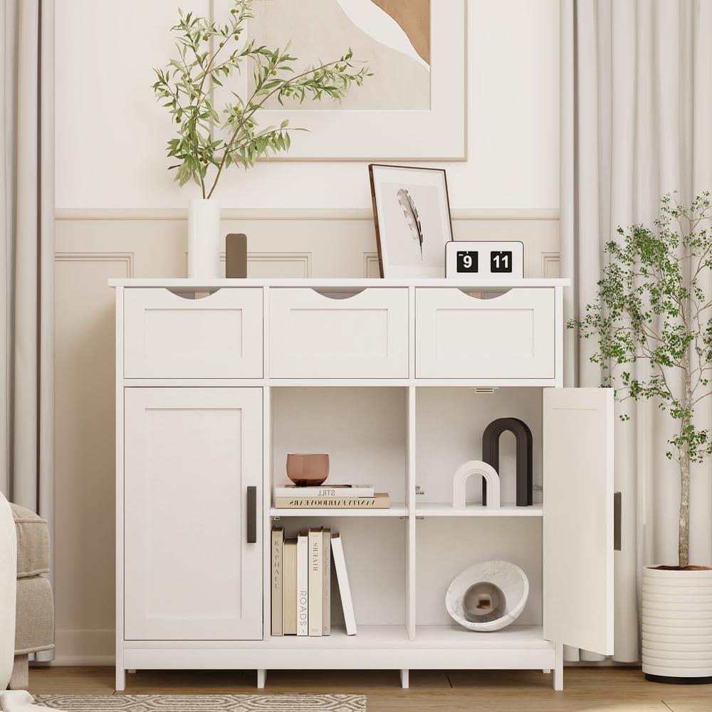 Bathroom Storage Cabinet Freestanding Wooden Floor Cabinet with Adjustable Shelf and Double Door White