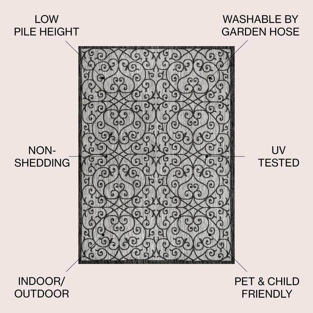 8' x 10' Madrid Vintage Filigree Textured Weave Indoor/Outdoor Area Rug, Light Gray/Black - JONATHAN Y