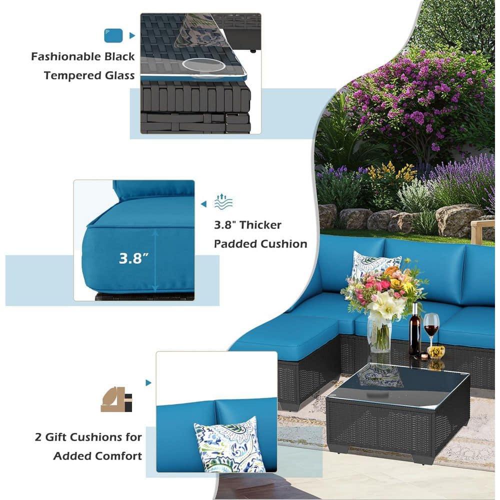 Black Steel Frame 7-Piece Outdoor Sectional Sofa Set with Blue Cushions