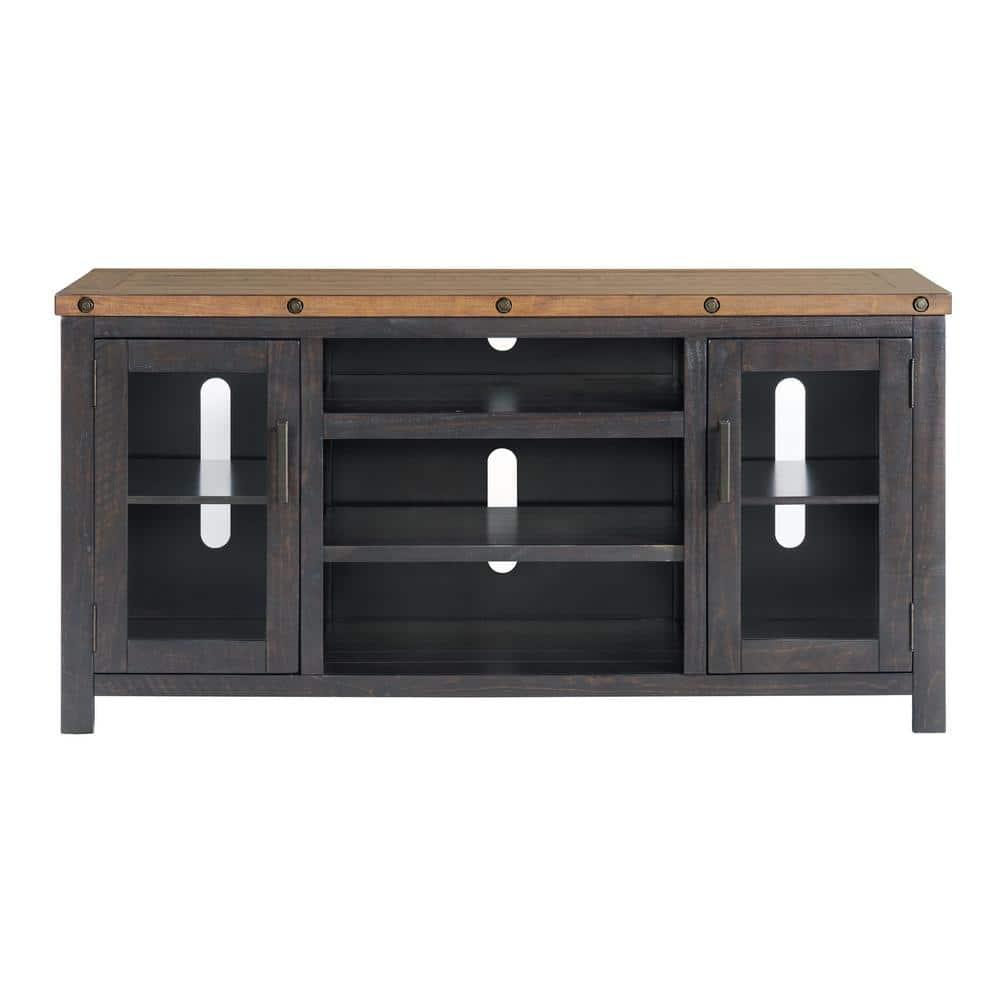 TV Stand with 2 Doors and Open Cubbies, Brown and Black- Saltoro Sherpi