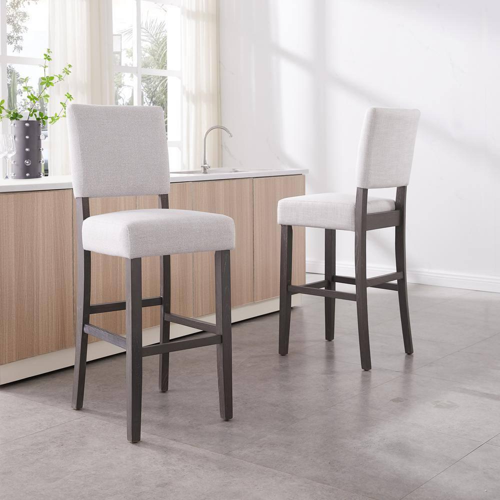 Leick Home 10087-BBHG Upholstered Back Bar Height Stool with Wood Base, Set of 2, for Elevated Kitchen Counters, High Top Tables, and Bars, Blackbean and Heather Gray