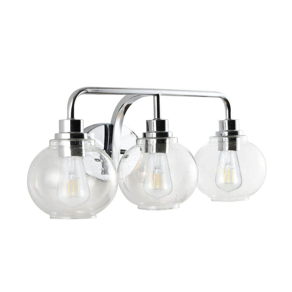 JONATHAN Y JYL7528B Sandrine 26.25" 3-Light Iron/Seeded Glass Cottage Rustic LED Vanity Light Classic 2700K LED 4W Bulbs Entryway Lobby Kitchen Bathroom Bedroom Living Room Hallway, Chrome