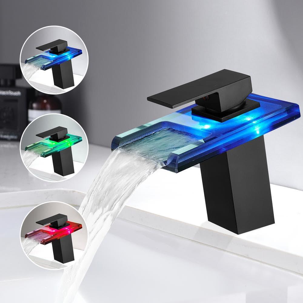 LED Bathroom Sink Faucet, Matte Black Waterfall Single Handle Vanity Faucets for Sinks 1 Hole with Metal Pop Up Drain and 2 Water Supply Lines, Open Glass Spout