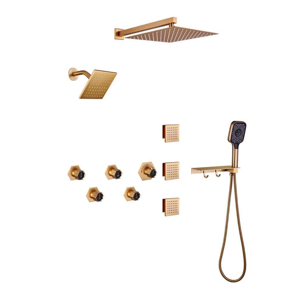 Wall Mounted Dual Shower Head Thermostatic Rainfall Shower System with 3 Body Jets and Storage Shelf