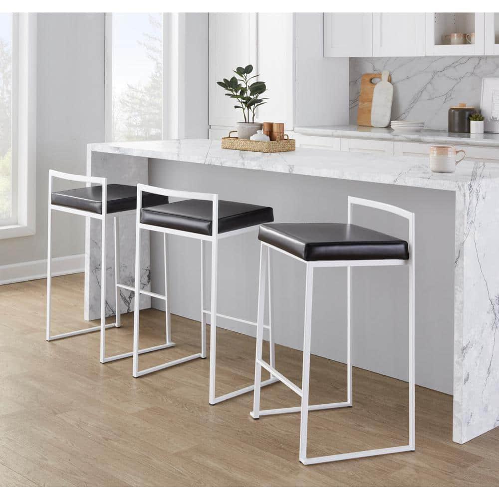Fuji Contemporary Stackable Counter Stool In White With Black Faux Leather Cushion - Set Of 2