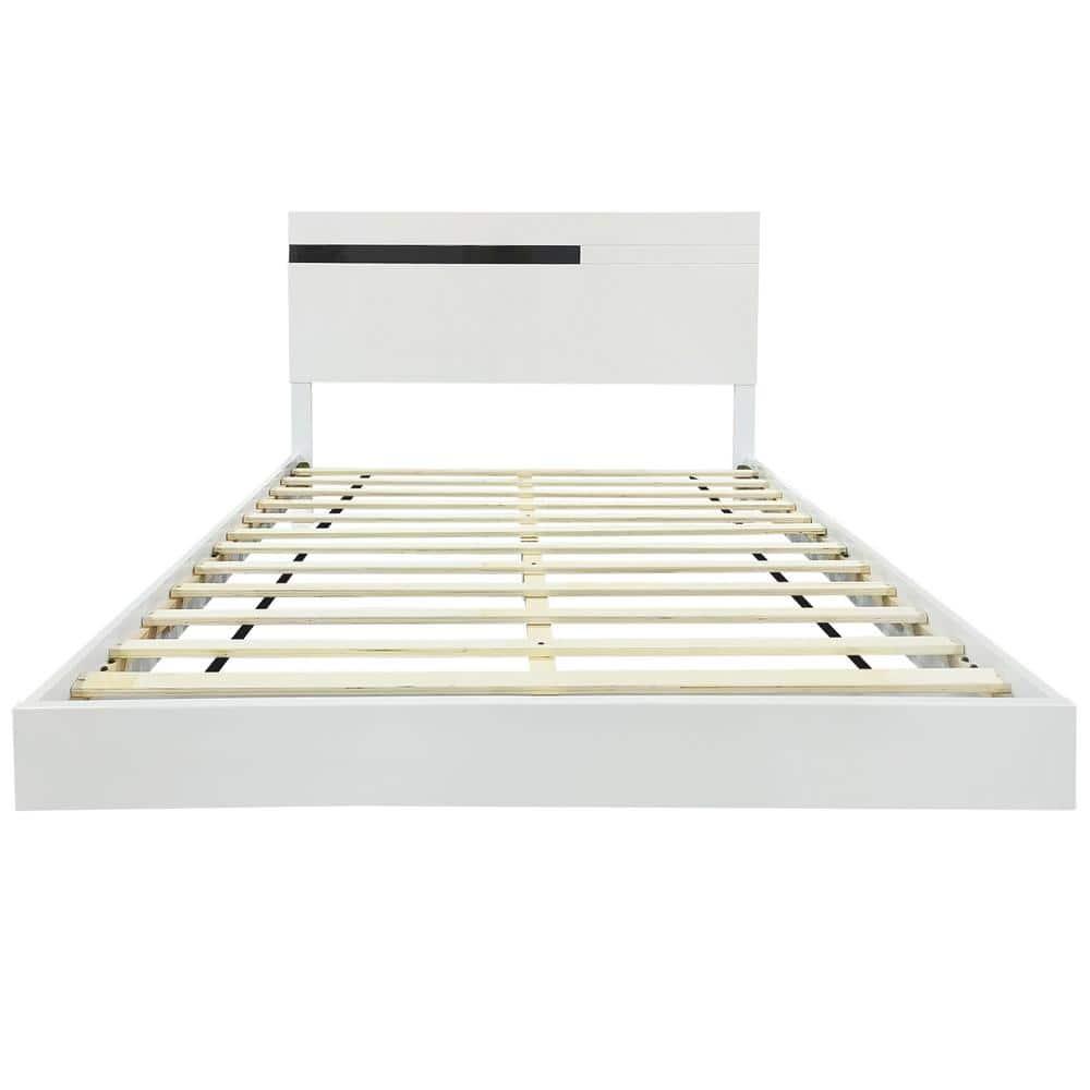 Modern High Gloss 3-Piece Bedroom Set Floating Bed Frame Queen Size Platform Bed with LED Light & 2 Nightstands, White