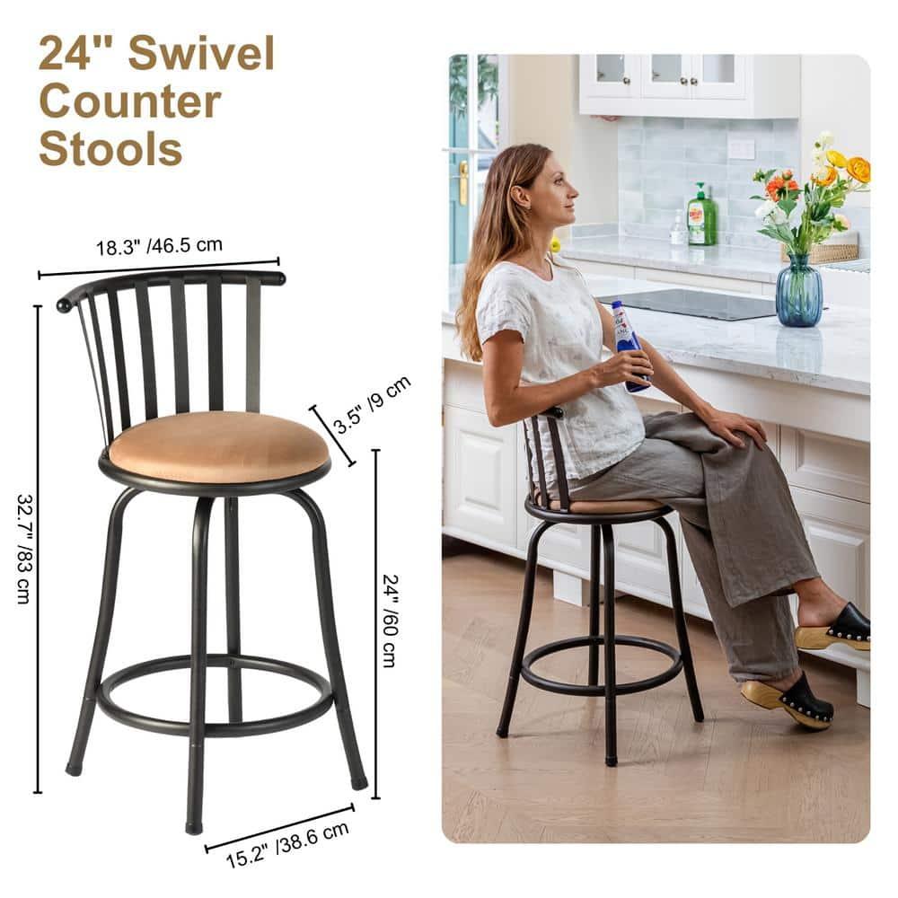 FurnitureR Brown Velvet 24'' Counter Stool Swivel High Back Barstools(Set of 2)