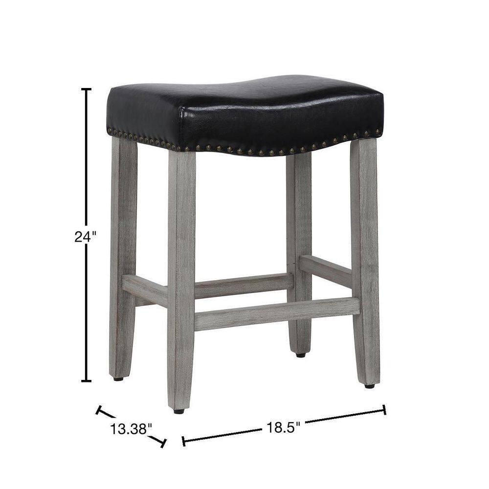 24" Inch Upholstered Saddle Seat Bar Stool (Set of 2), Antique Gray/Leather