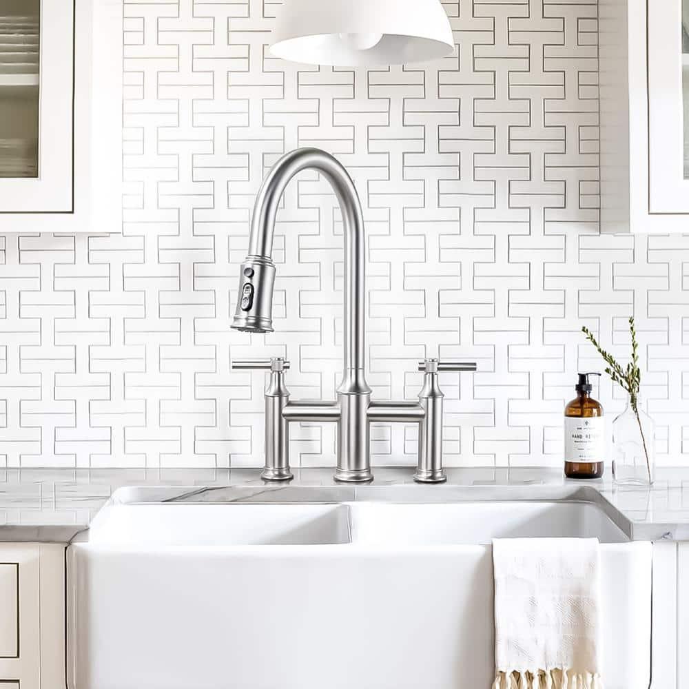 Brushed Nickel Bridge Kitchen Faucet: 3 Holes Kitchen Faucet with Pull Down Sprayer - Two Handles 8 Inch Centerset Kitchen Sink Faucet, 360° Swivel Spout