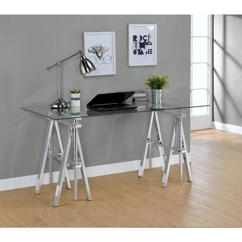 Statham Glass Top Adjustable Sawhorse Standing Desk Chrome - Coaster: Industrial Style, Manual Height Adjustability