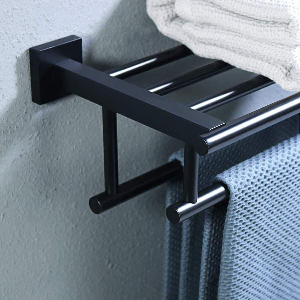 24 Inch Towel Racks for Bathroom, 2 Tire Bathroom Shelf with Towel Bar, Rustproof Wall Mounted Towel Rack SUS304 Stainless Steel, Bathroom Accessories Lavatory Towel Storage - Black
