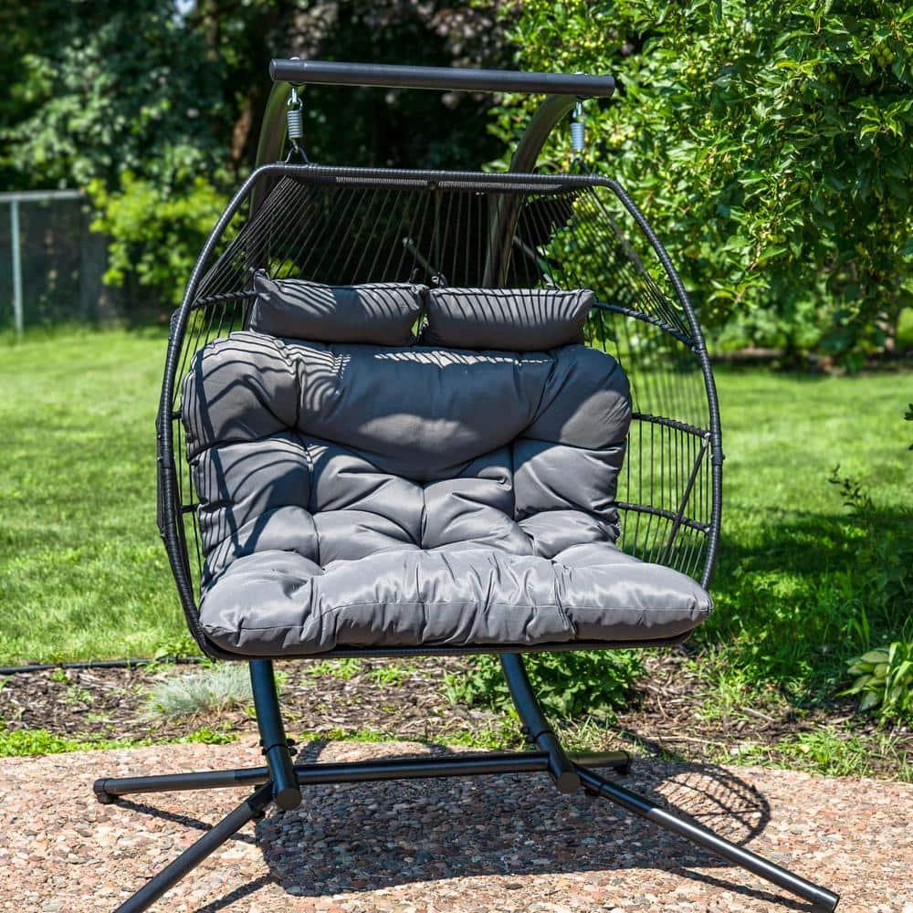 Sunnydaze Outdoor Andrei Hanging Double Egg Chair with Cushion and Headrests - Dark Gray