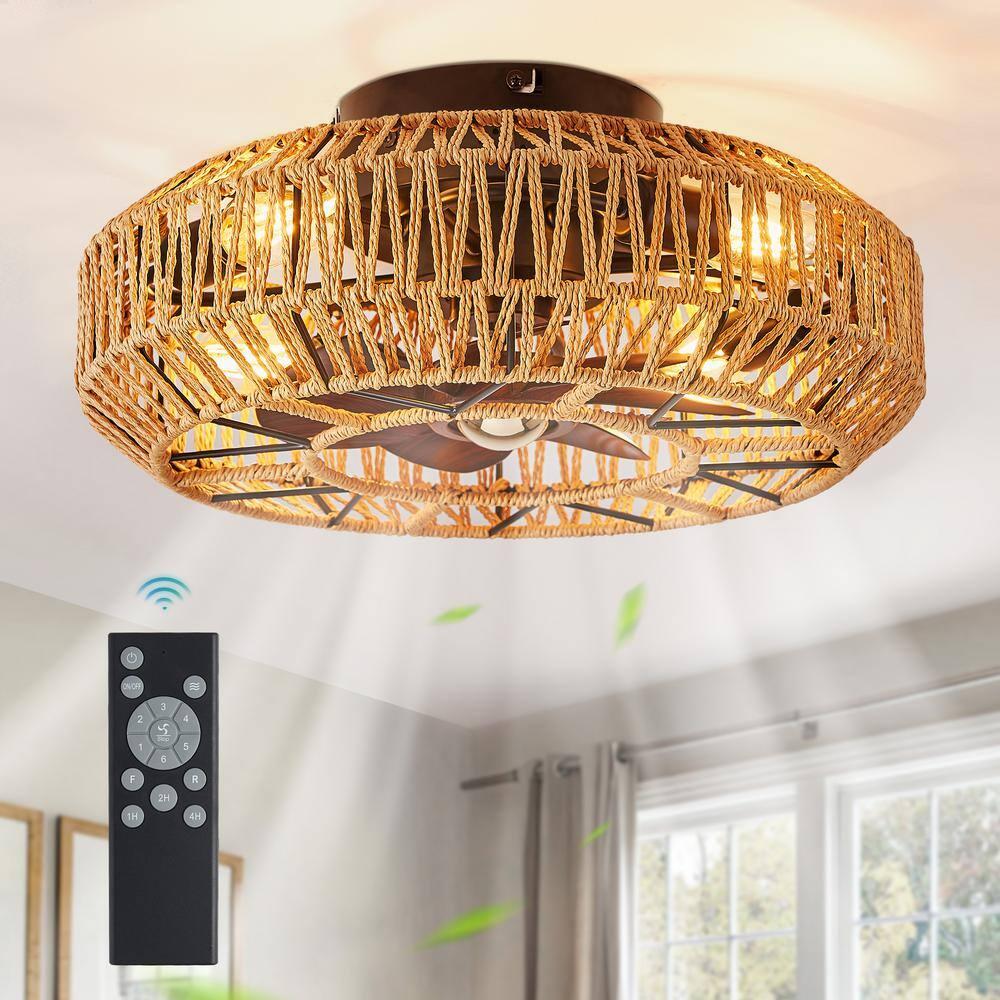 20'' Boho Rattan Caged Ceiling Fan with Light and Remote, Farmhouse Flush Mount Boho Ceiling Fan Light Low Profile Bladeless Ceiling Fan Timing 6 Speeds Reversible, Brown