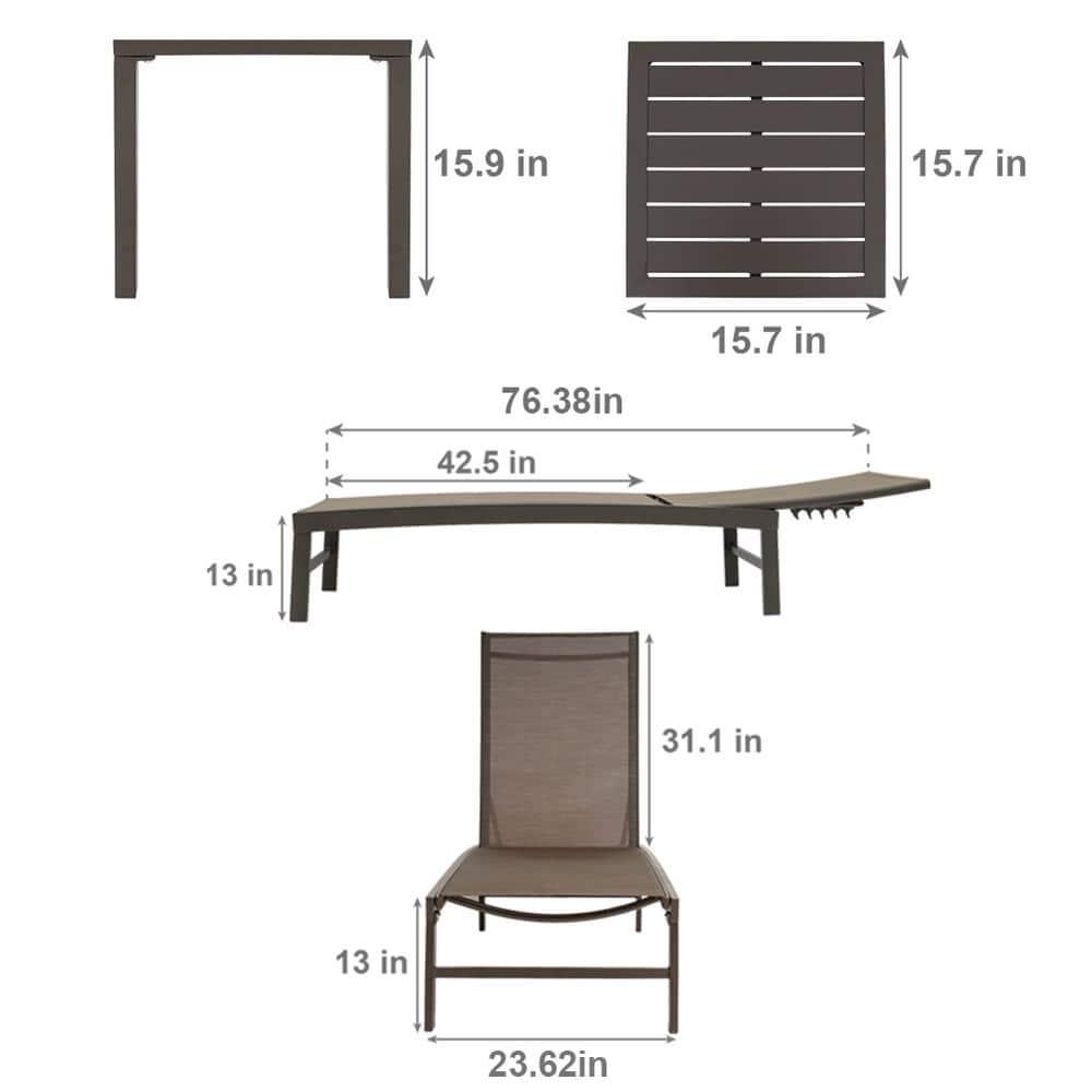 3pc Outdoor Five Position Adjustable Curved Aluminum Lounge Set Brown - Crestlive Products: Weather-Resistant Patio Furniture Set with Side Table