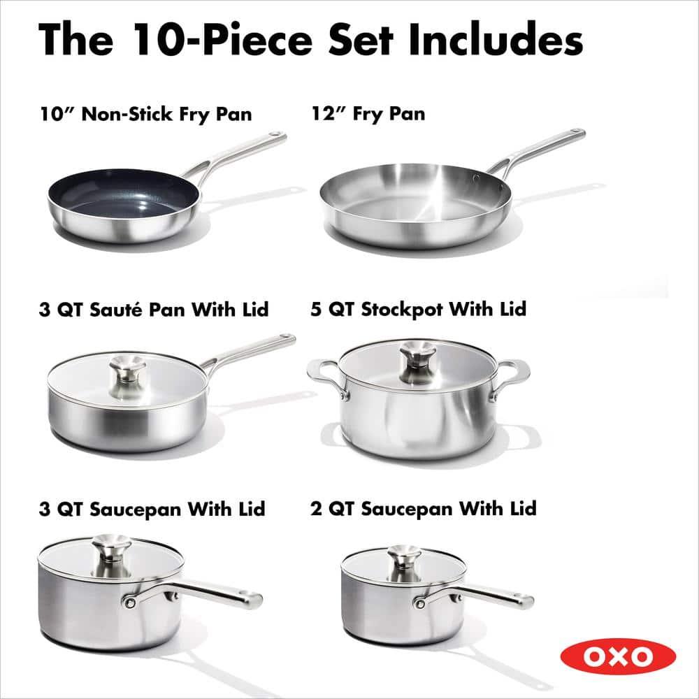 OXO 10pc Mira Tri-Ply Stainless Steel Cookware Set Silver: Dishwasher-Safe, Gas & Induction Compatible, UPC 885837031089