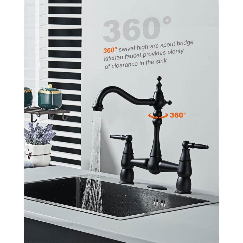 Matte Black Double Handle Bridge Kitchen Faucet with Swivel Spout