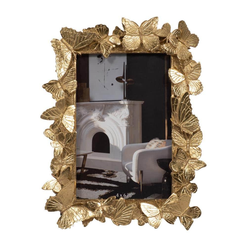 Sagebrook Home Vintage Inspired 4x6 Gold Polyresin and Glass Photo Frame with Butterflies Decor