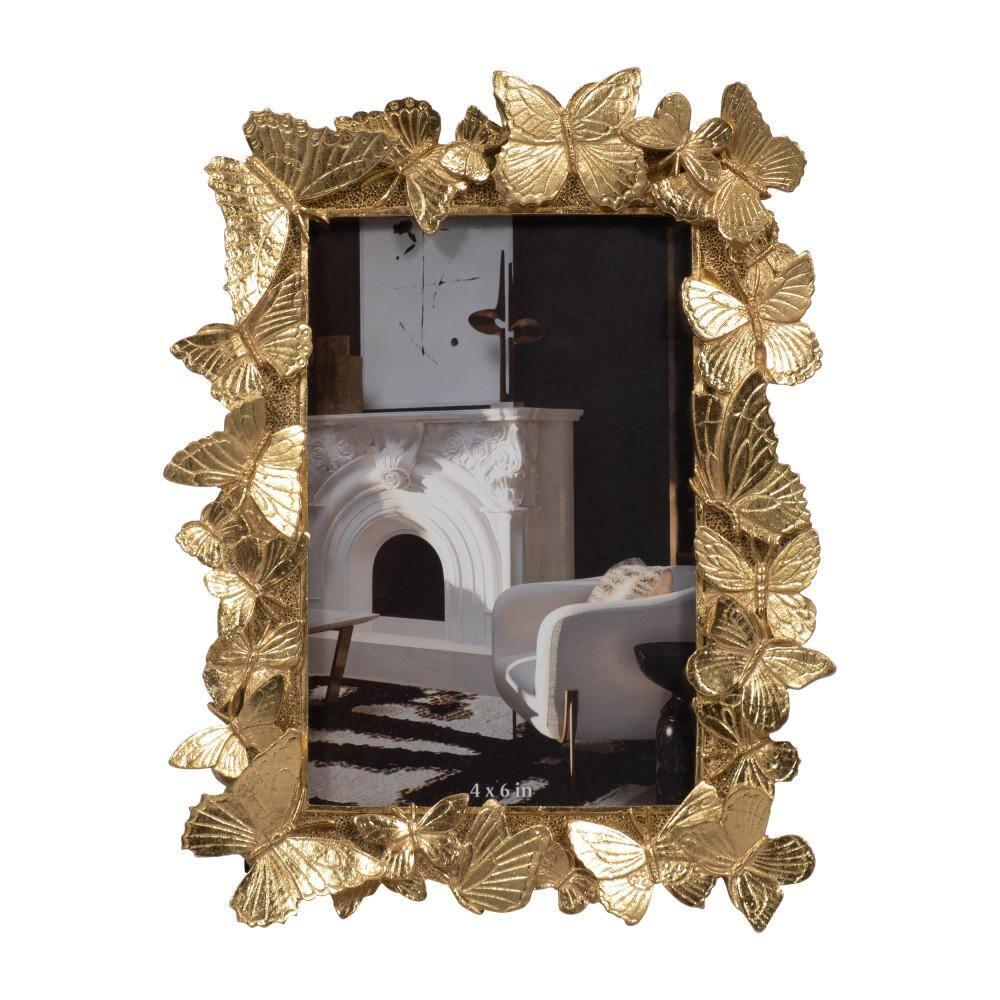 Sagebrook Home Vintage Inspired 4x6 Gold Polyresin and Glass Photo Frame with Butterflies Decor