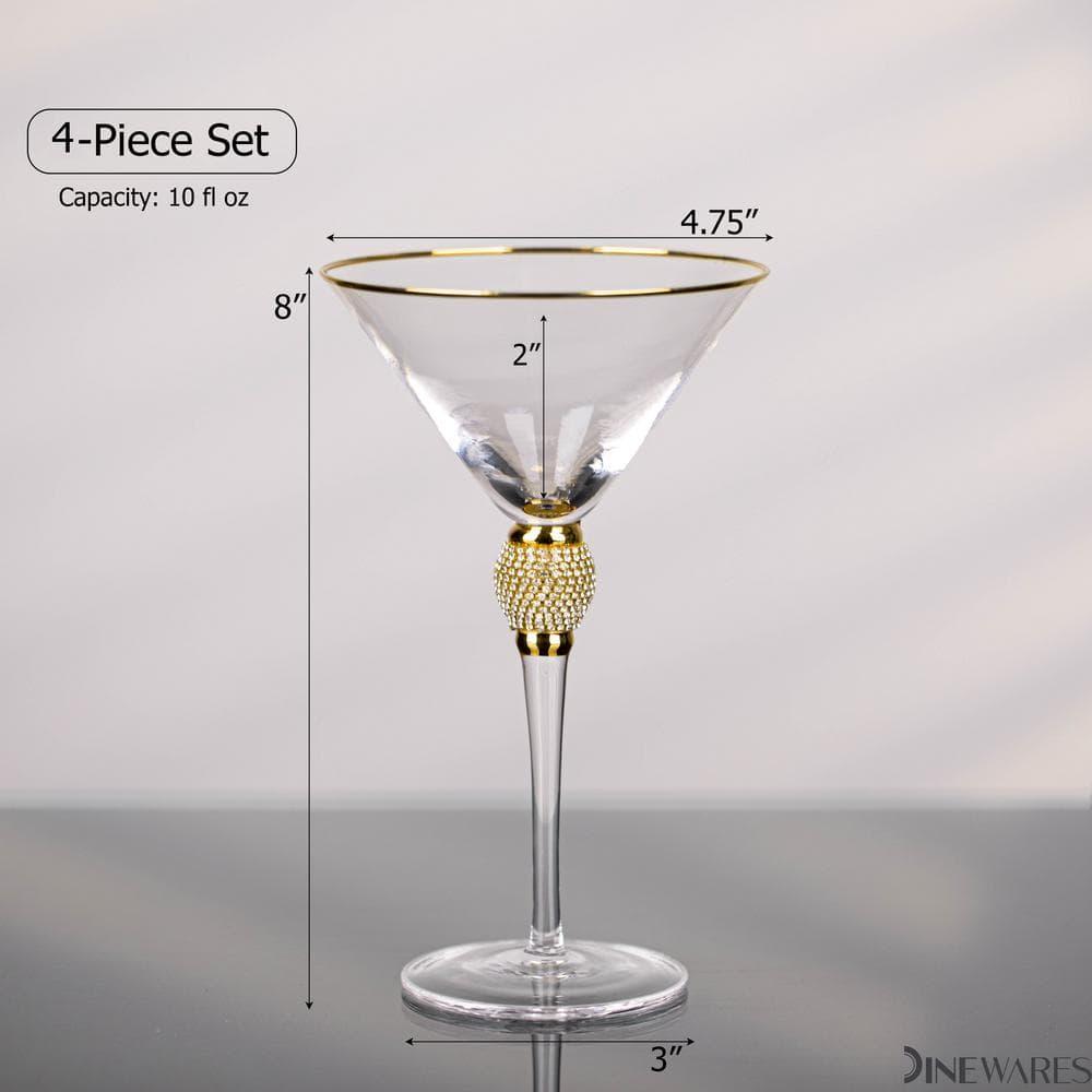 Dinewares Clear Stem Crystal Martini Glasses with Rim and Diamond-like Rhinestones, Elegant 10oz Glassware Set for Cosmopolitan Vodka, Gold Set of 4