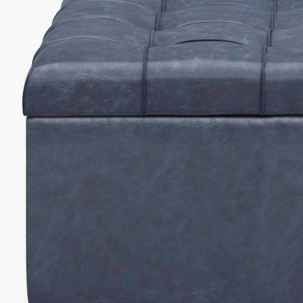 Simpli Home Harrison 36"W Upholstered Square Coffee Table Storage Ottoman with Split Lift Top
