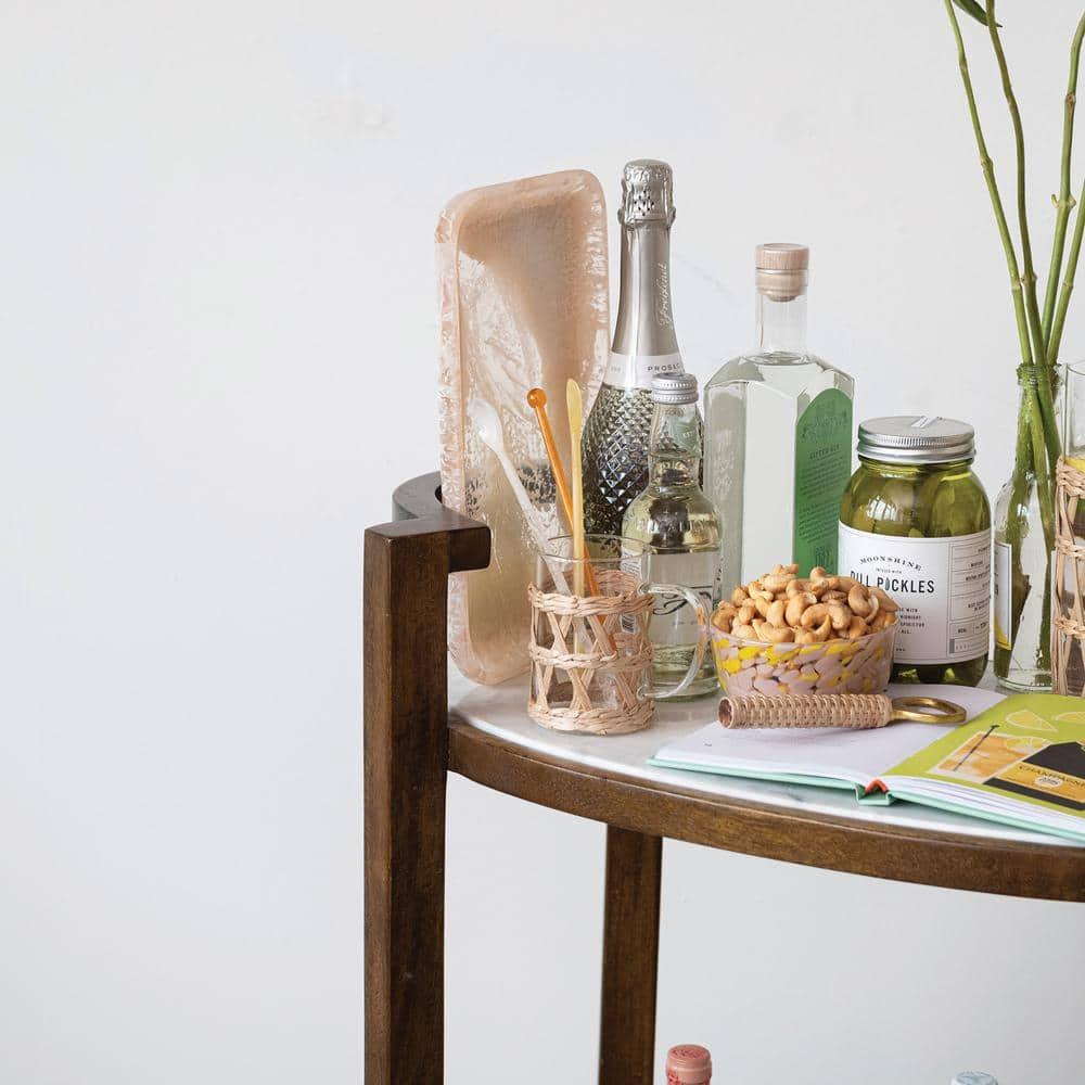 Walnut Finish and White Mango Wood and Marble 2-Tier Bar Cart