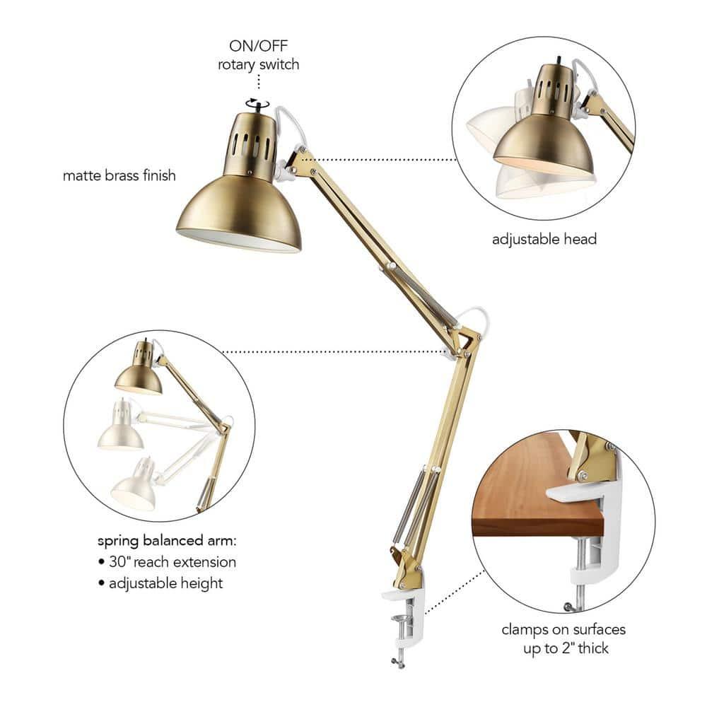Globe Electric 62000010 32" Multi-Joint Desk Lamp with Metal Clamp, Matte Brass, White Accents, On/Off Rotary Switch on Shade, Partially Adjustable Swing Arm, Home Décor, Office Accessory