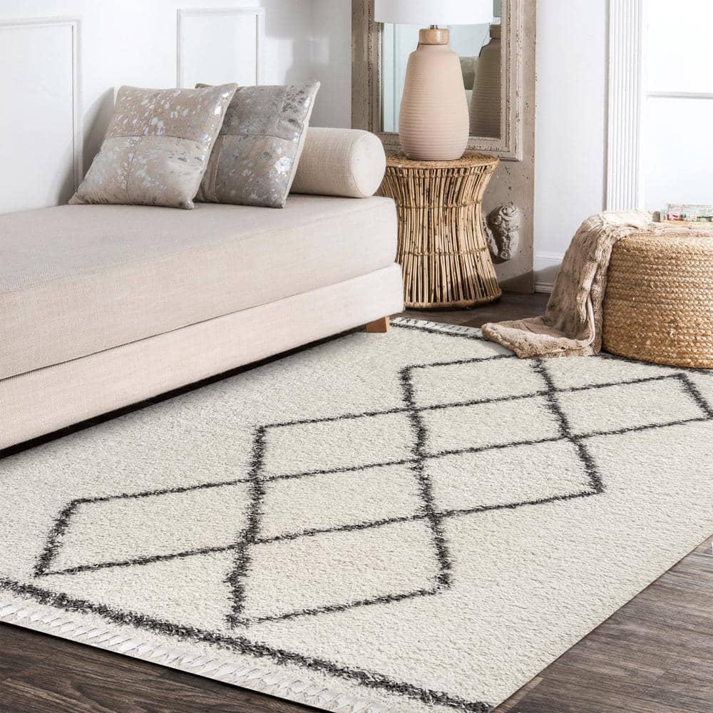 5'x8' Mercer Shag Plush Tassel Moroccan Geometric Trellis Area Rug, Cream/Grey - JONATHAN Y