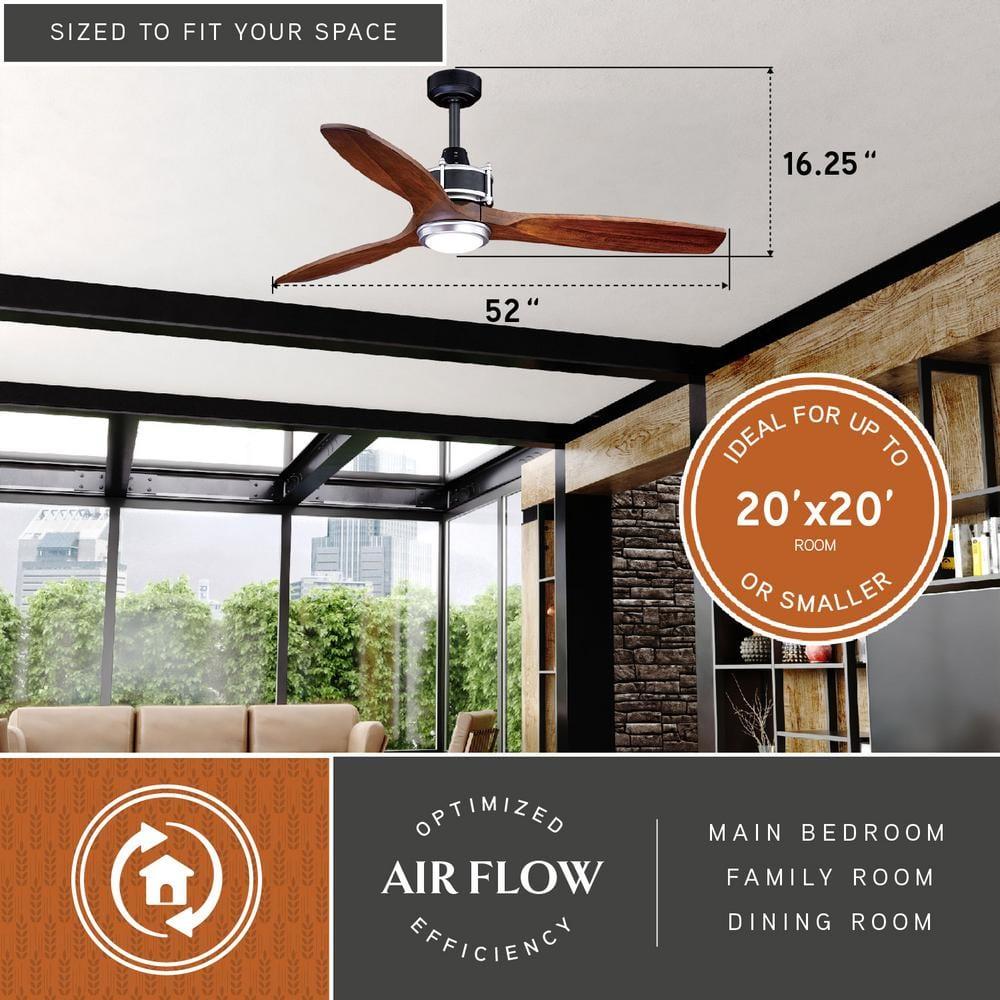 VAXCEL Curtiss 52-in. Contemporary Indoor Outdoor Propeller Ceiling Fan with Wood Blades, LED Light Kit and Remote, Matte Black and Brushed Silver