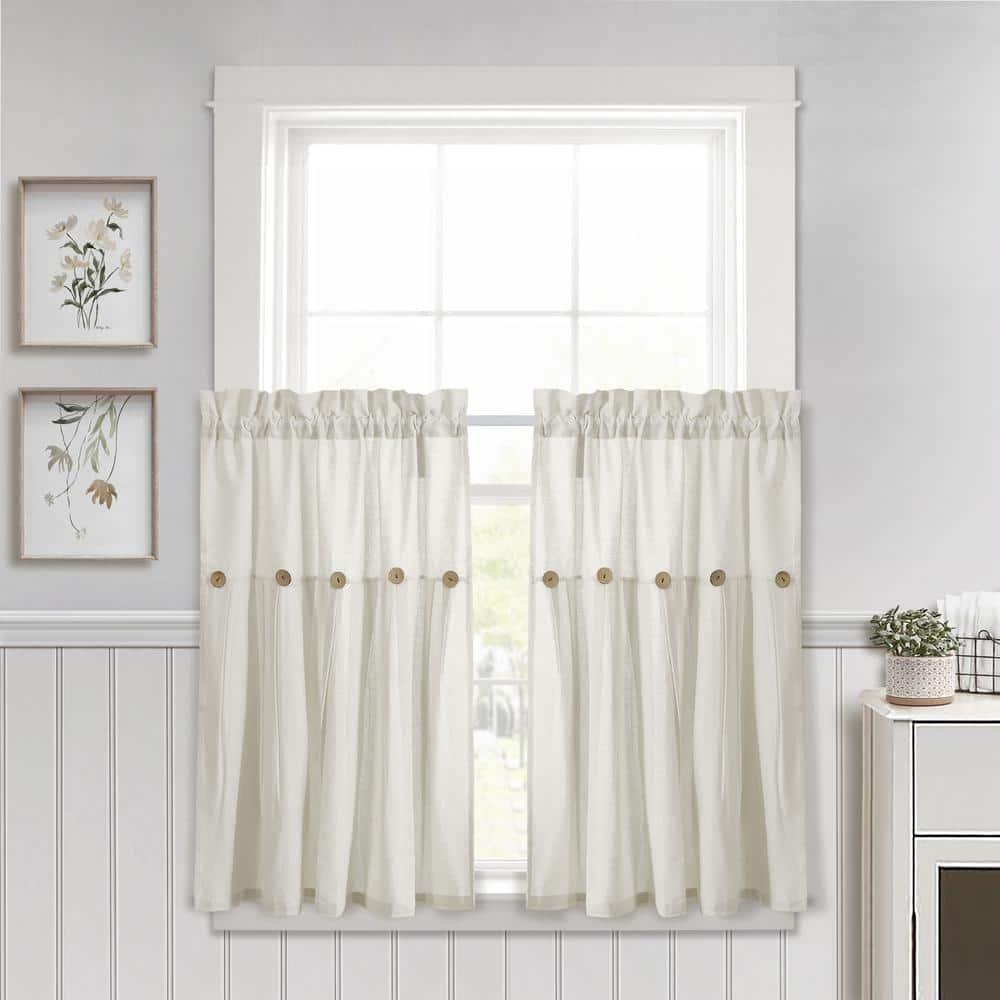 Set of 2 (36"x29") Farmhouse Linen Button Kitchen Curtain Tiers Off White - Lush Décor: Solid Cotton & Linen Rod Pocket