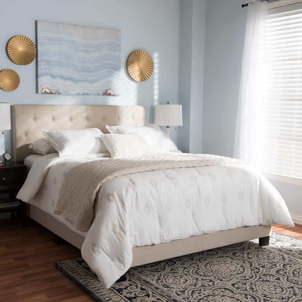 Queen Cassandra Modern and Contemporary Fabric Upholstered Bed Light Beige - Baxton Studio: Elegant Rubberwood & MDF Frame, Polyester Fill