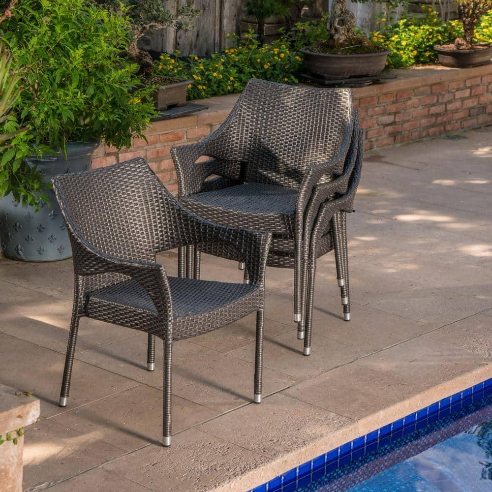 GDF Studio Nazir Outdoor Wicker Stacking Dining Chairs, Set of 4, Gray
