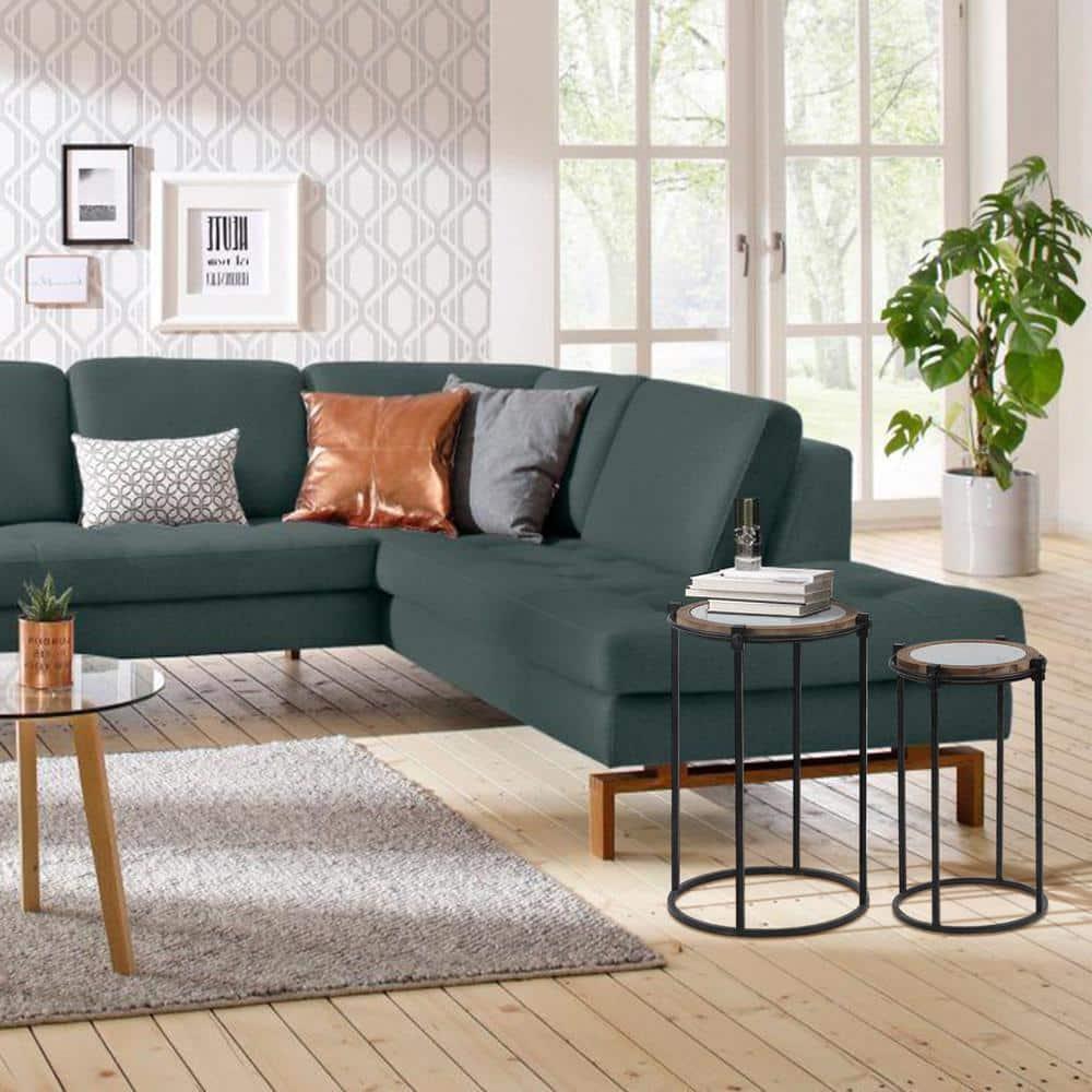 LuxenHome 2-Piece Metal and Glass Round Accent Drink Table. Brown