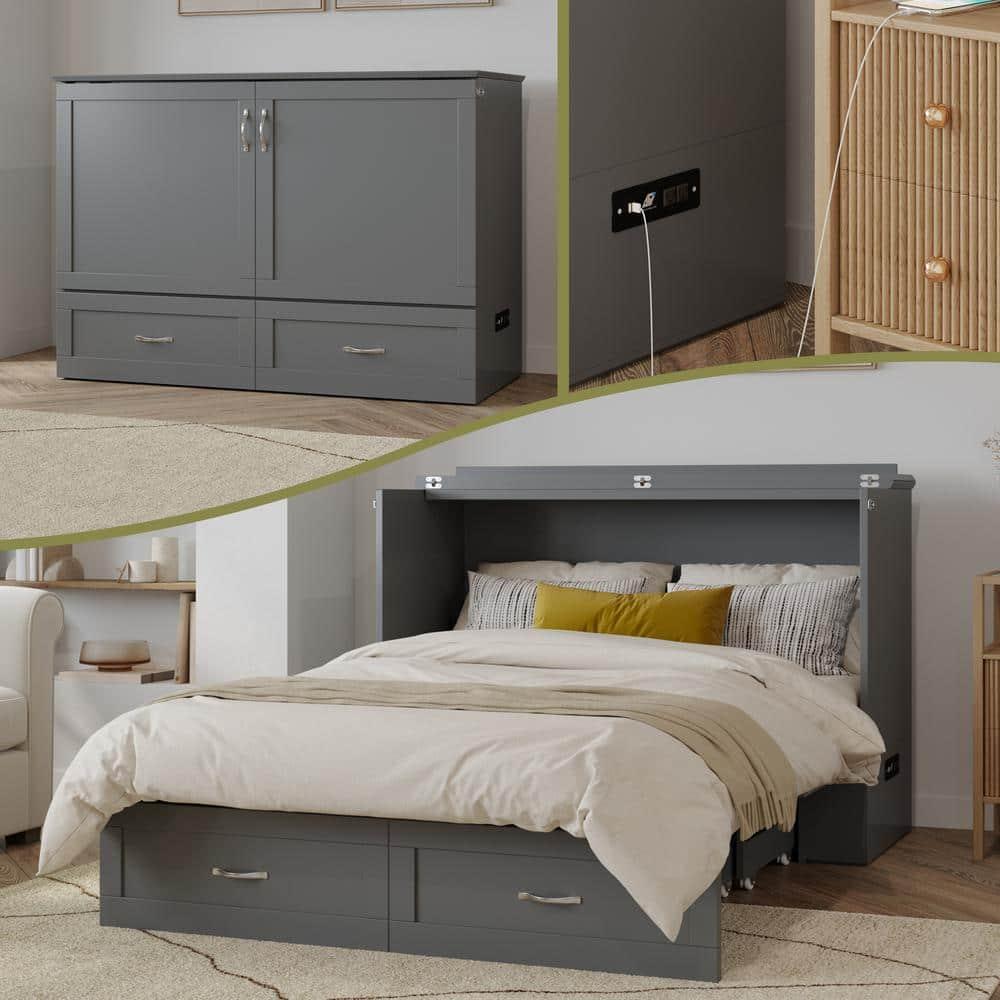 AFI Hamilton Full Solid Wood Murphy Bed Chest with Built-In Charger in Gray