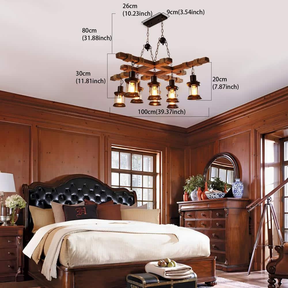 Rongfun 8-Light Rustic Country Chandelier Wood Pendant Lamp Industrial Ceiling Fixture