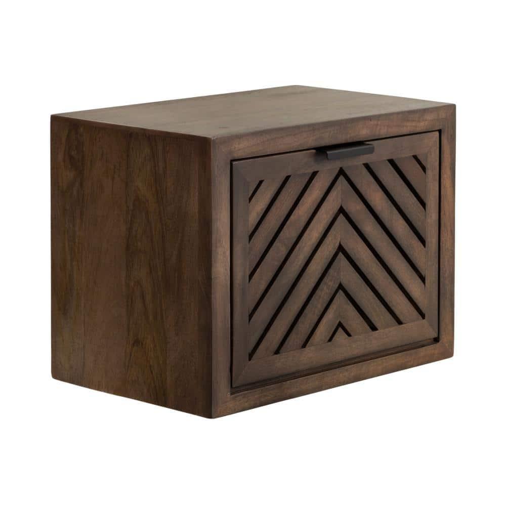 Kate and Laurel Mezzeta Modern Floating Shelf Side Table with Storage Cubby, 16 x 10 x 12, Natural Wood, Decorative Slatted Wood Floating Nightstand with Pull Down Door for Use as Bathroom Storage