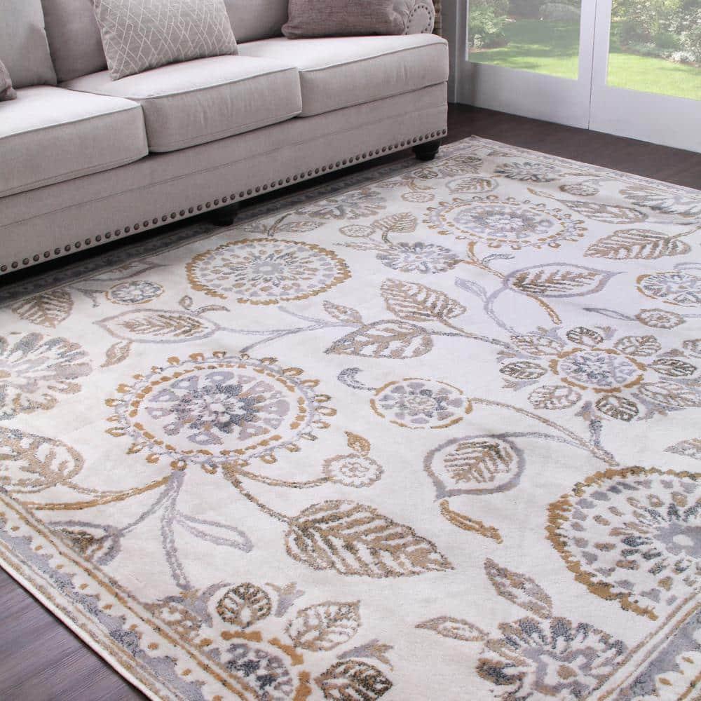 SUPERIOR Indoor Small Area Rug, Jute Backed, Modern Floral Farmhouse Floor Decor, Perfect for Hallway, Entryway, Living/Dining Room, Bedroom, Office, Kitchen, Amary Collection - 5' x 8', Grey