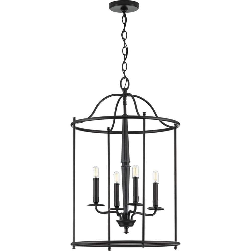 Progress Lighting Durrell 4-Light Foyer Pendant, Matte Black, Open-Cage, No Shade